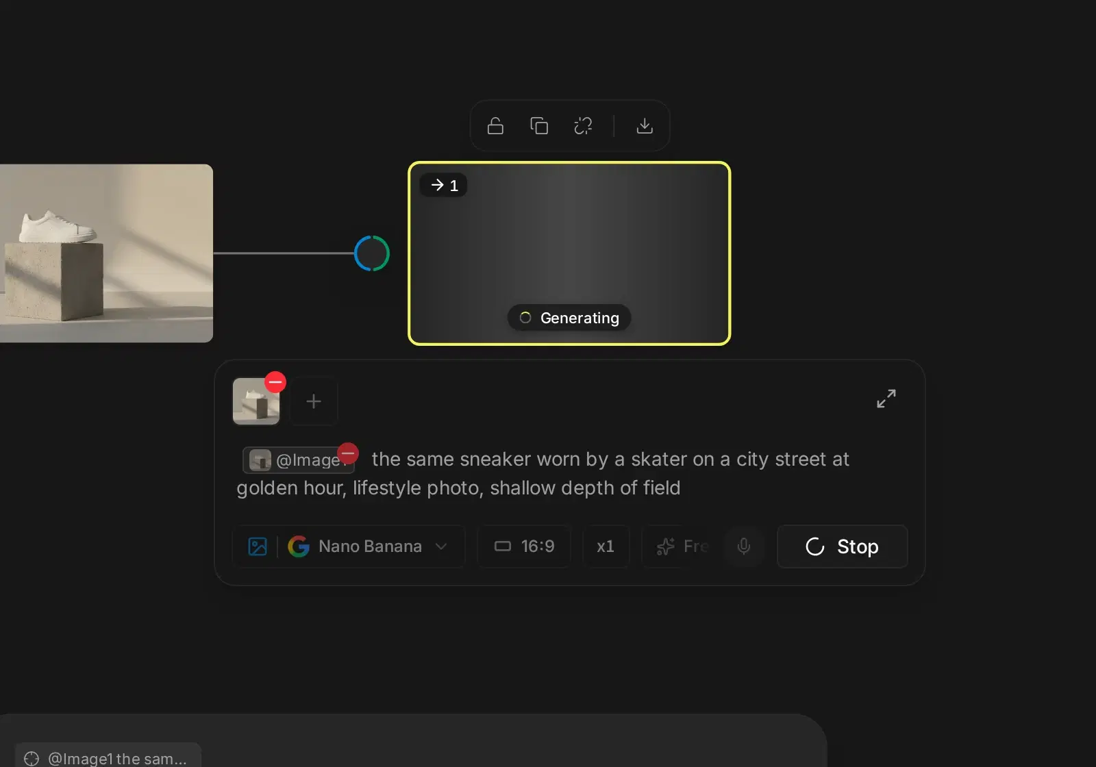 A card showing Generating next to the source image it is connected to, with the prompt bar button turned into Stop