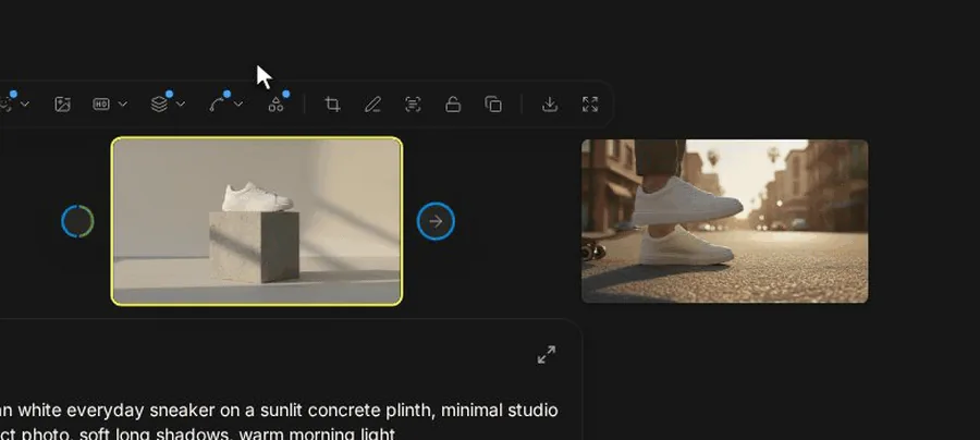 Animation of dragging from the output socket of a sneaker product shot onto another card to connect the two