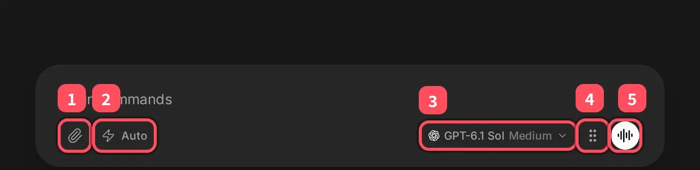 The Agent input at the bottom of the board, with numbered callouts for attaching files, permissions, model and effort, chat layout and voice