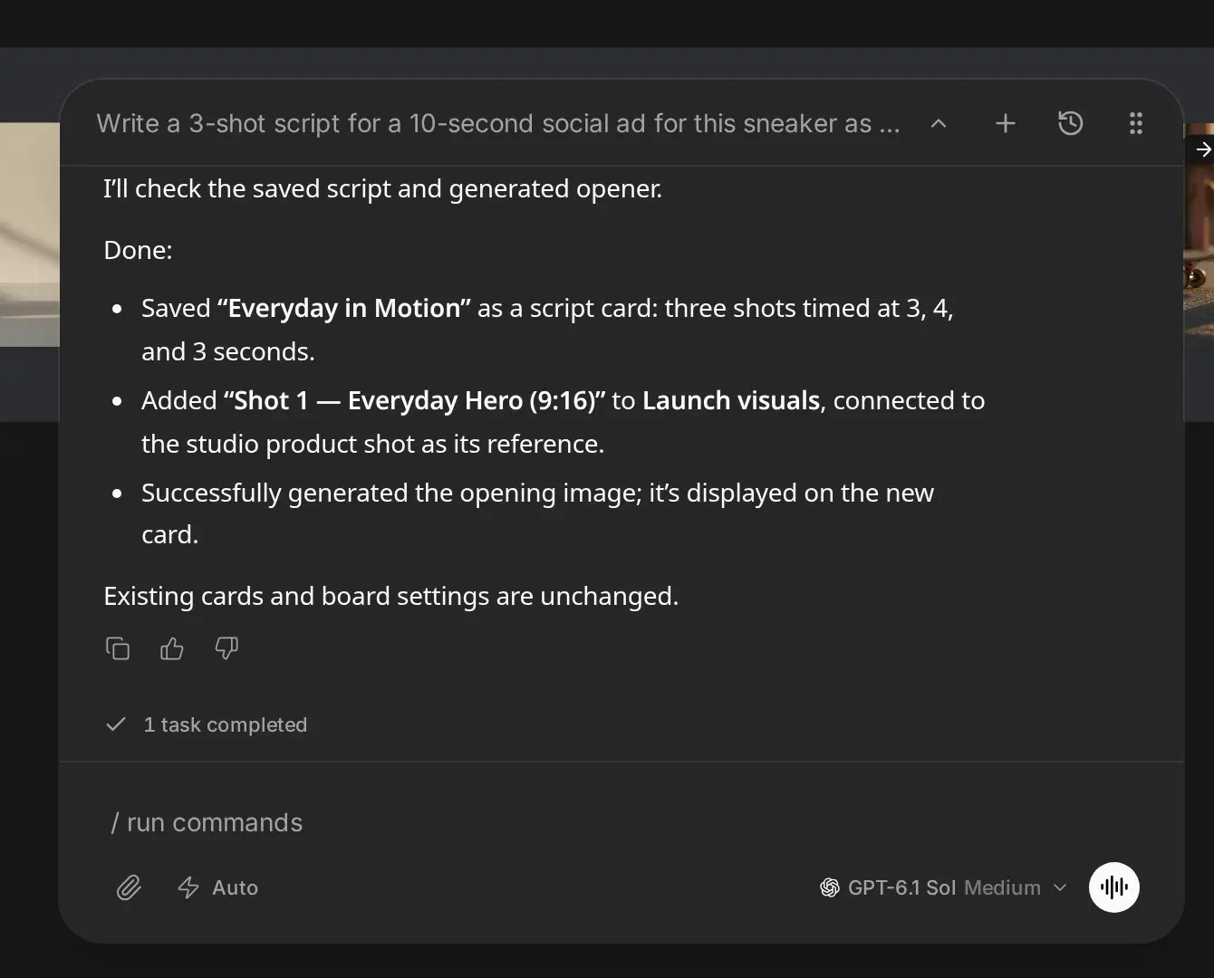 The Agent reply listing the saved script card, the new 9:16 card connected to the product shot, and the generated image