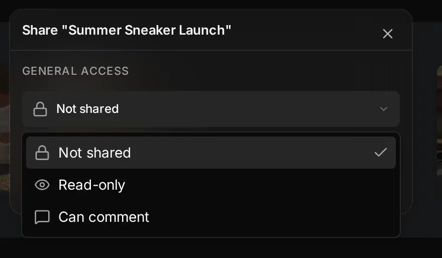 The Share dialog for Summer Sneaker Launch with general access set to Not shared, and the Read-only and Can comment options