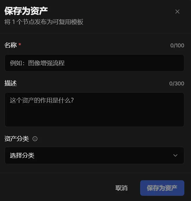 「保存为资产」弹窗，包含名称、描述和资产分类下拉，底部是取消与保存为资产两个按钮