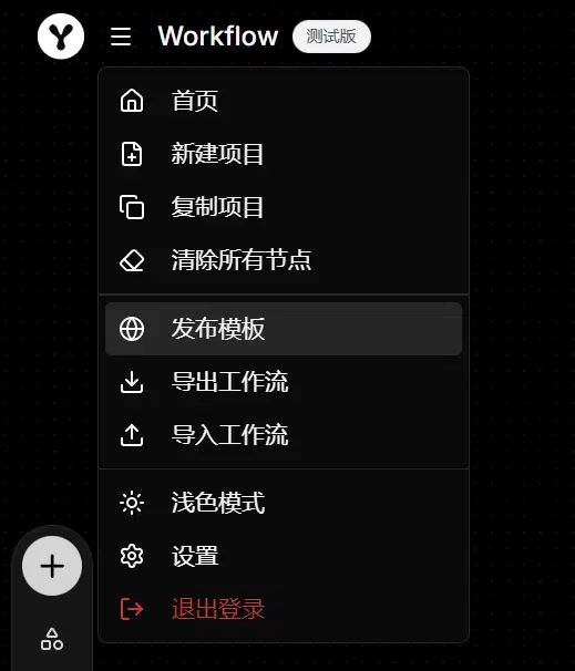 深色画布上打开的工作流编辑器菜单，「发布模板」在首页、新建项目、清除所有节点、导出工作流、浅色模式和退出登录之间被高亮