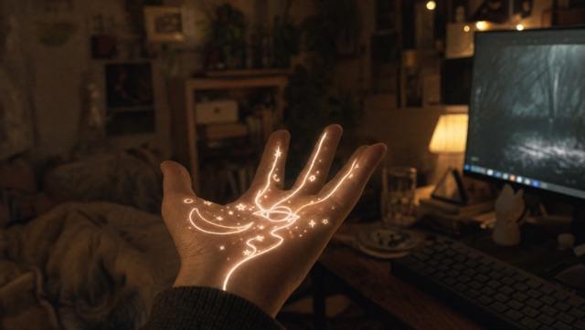 A crescent moon, a ringed planet and stars drawn in light on an open palm