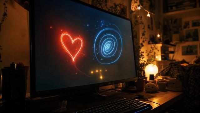 A heart and a spiral drawn in light on a monitor