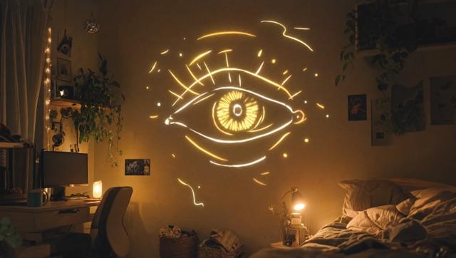 An eye drawn in light on a bedroom wall