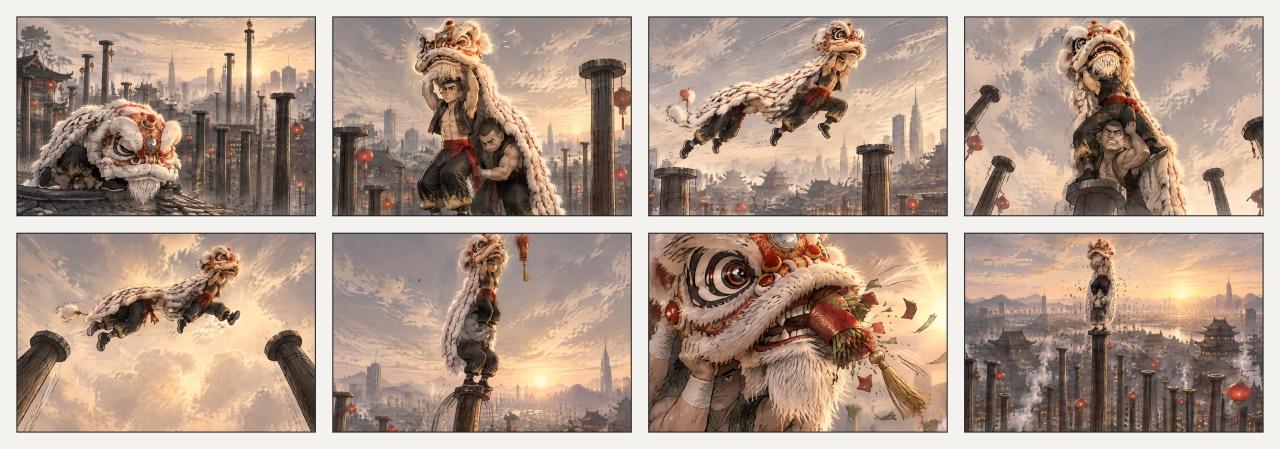 Eight-panel reference grid of a lion dancer leaping between rooftop poles