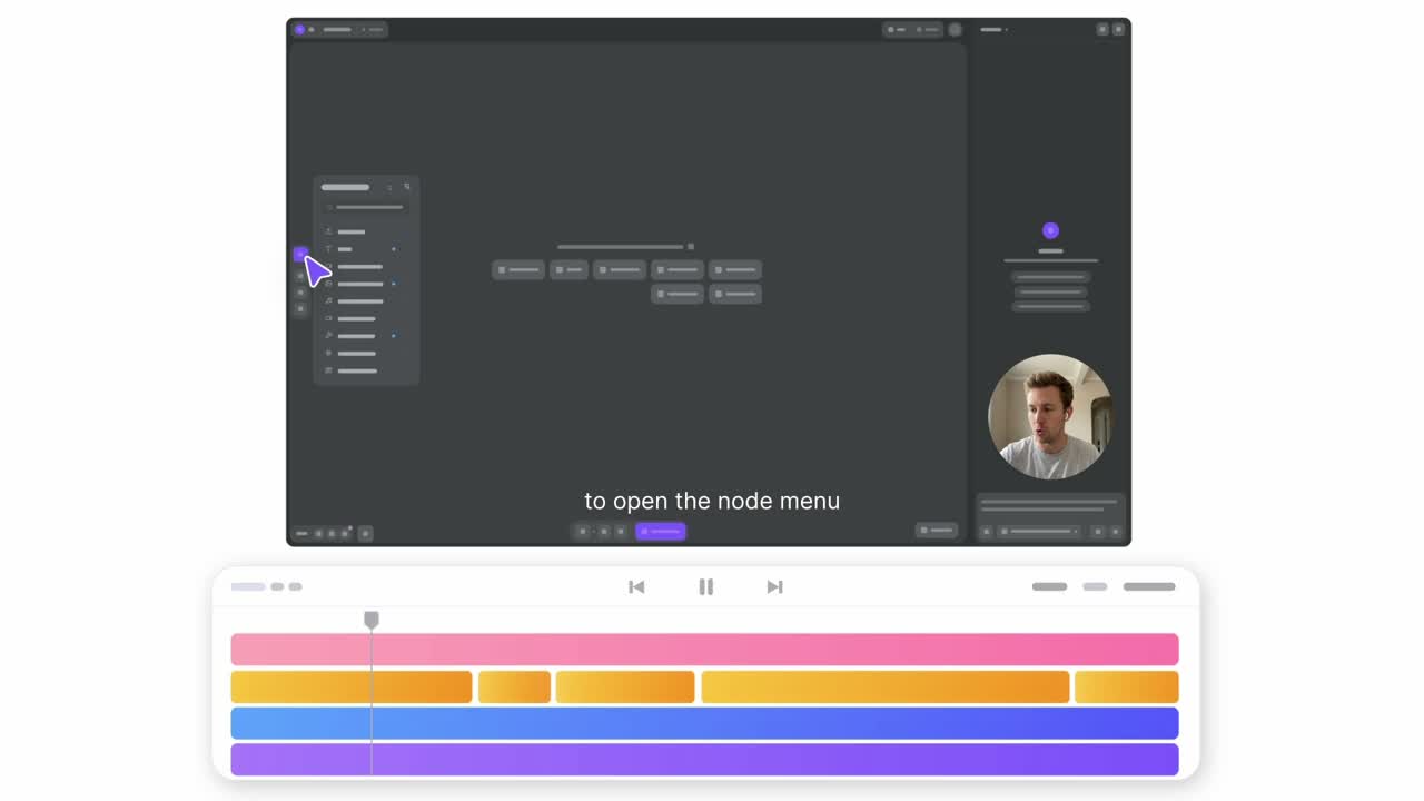 Tutorial editor preview with step captions, a presenter, and a multitrack timeline