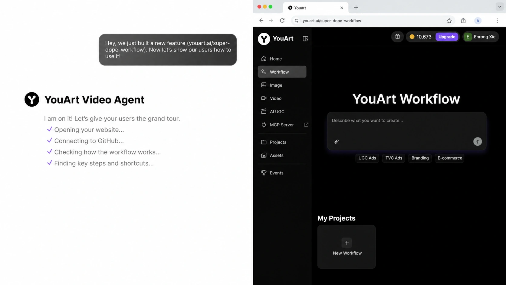 YouArt Video Agent exploring the product and identifying tutorial steps